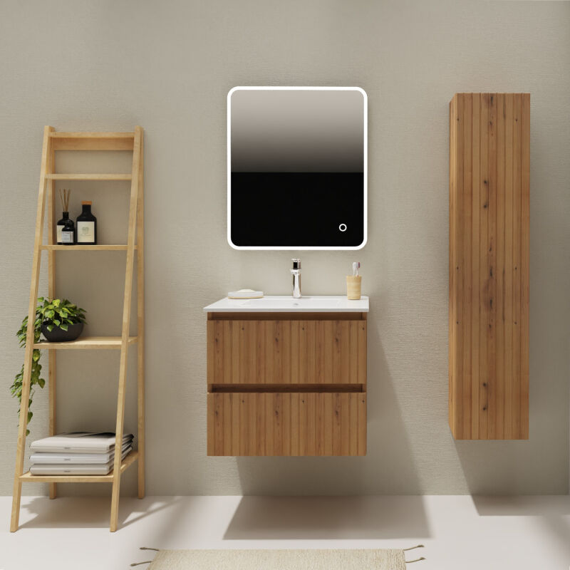 Meuble salle de bain 60 cm - Plan vasque céramique - Effet bois strié - a suspendre - Karaib 2