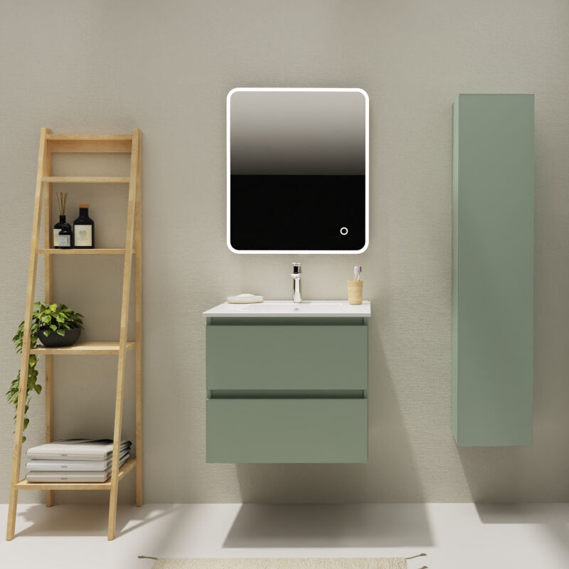 Meuble salle de bain 60 cm - Plan vasque céramique - Vert mat - a suspendre - Karaib 2