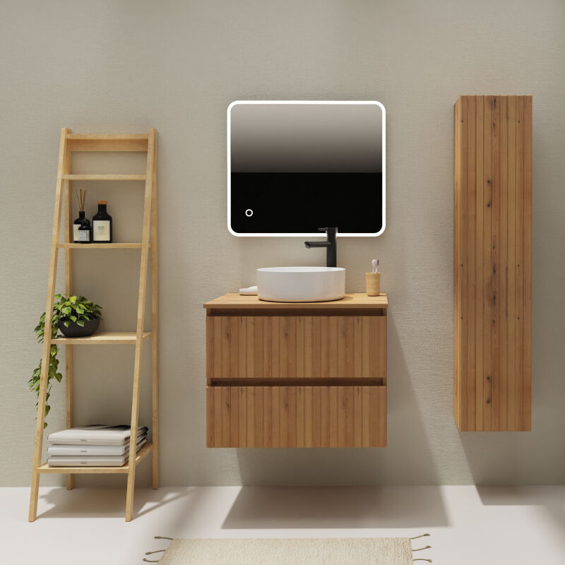 Meuble salle de bain 70 cm pour vasque à poser - Effet bois strié - A suspendre - Karaib 2