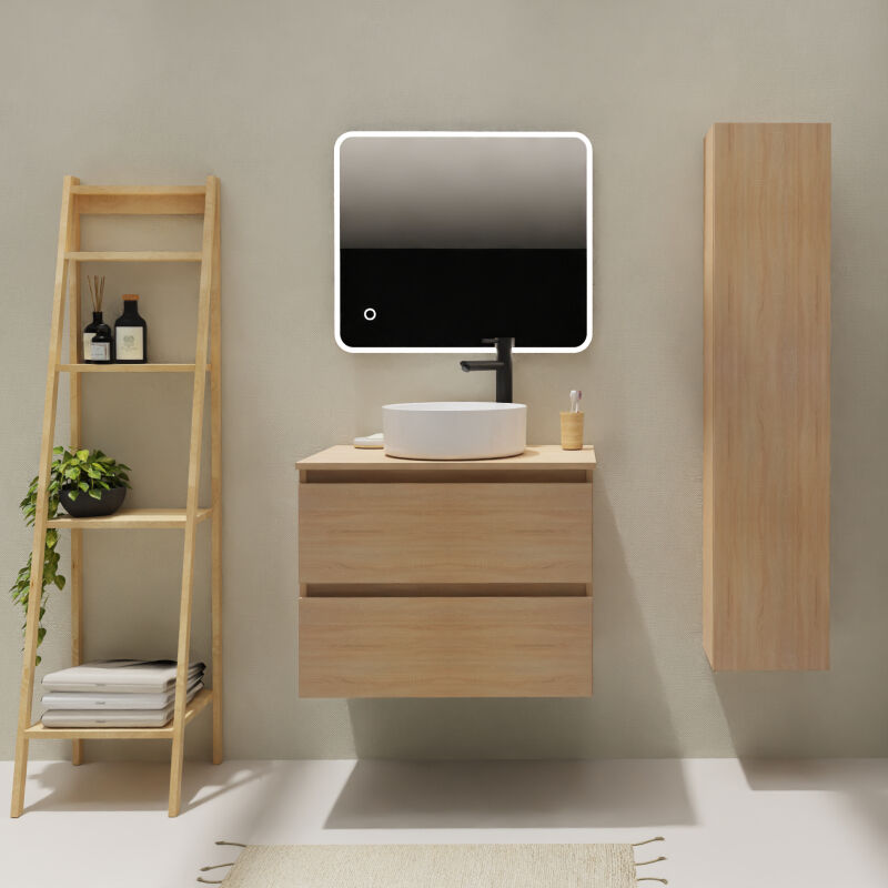 Godart - Meuble salle de bain 70 cm pour vasque à poser - Effet chêne sonoma - a suspendre - Karaib 2