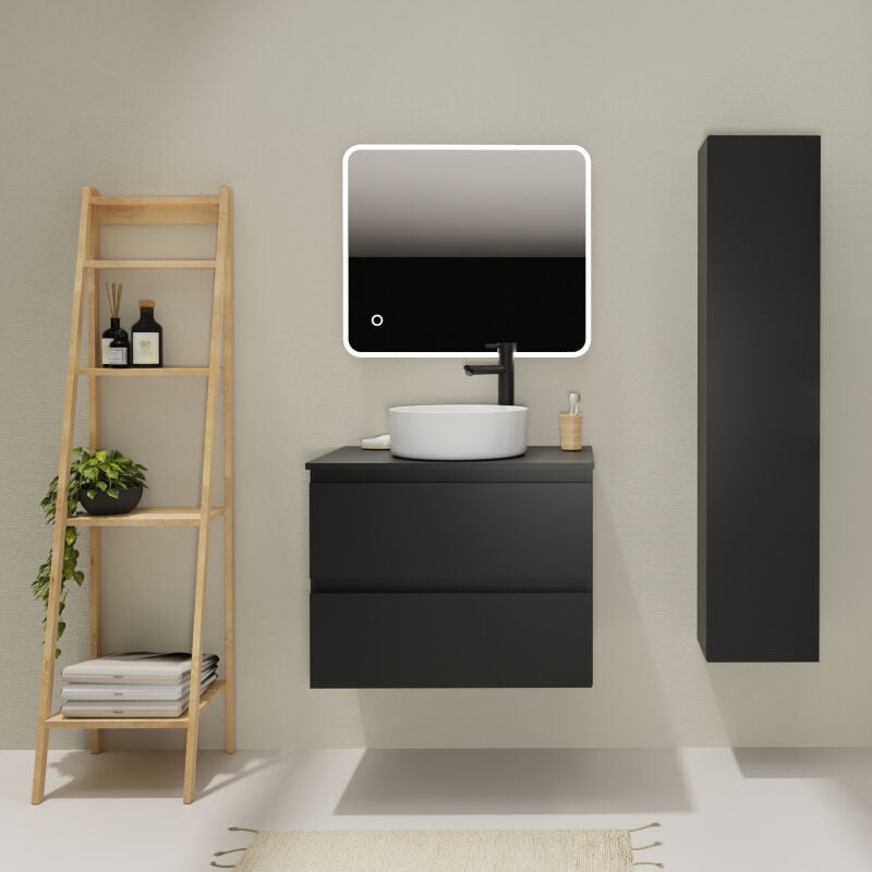 Meuble salle de bain 70 cm pour vasque à poser - Noir mat - A suspendre - Karaib 2
