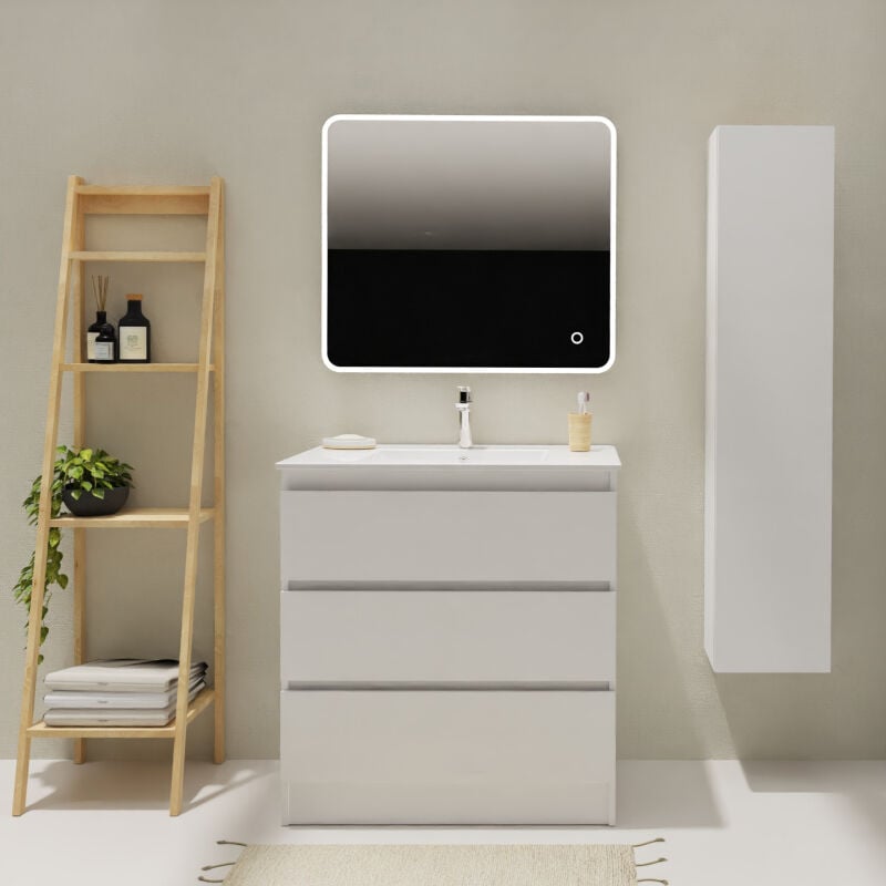 Godart - Meuble salle de bain 80 cm a poser - Plan vasque céramique - Blanc mat - Karaib 2