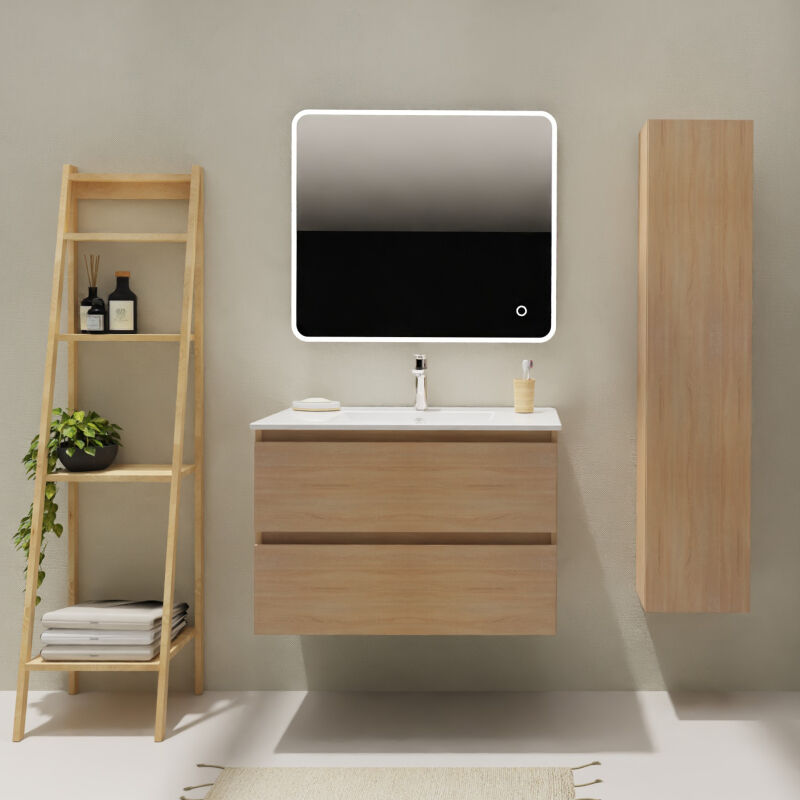 Meuble salle de bain 80 cm - Plan vasque céramique - Effet chêne sonoma - a suspendre - Karaib 2
