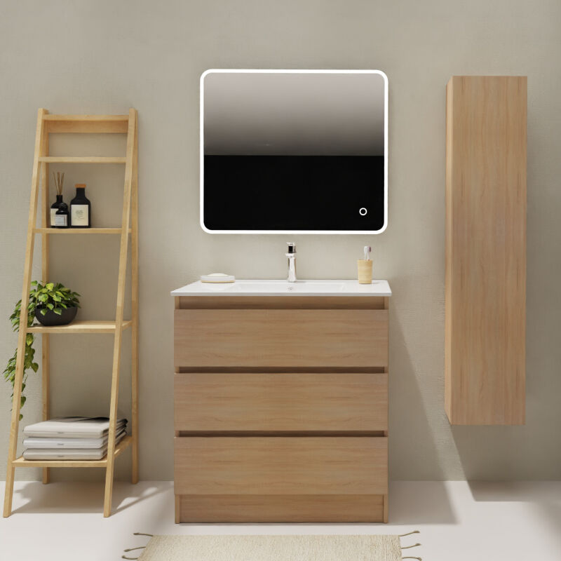 Godart - Meuble salle de bain 80 cm a poser - Plan vasque céramique - Effet chêne sonoma - Karaib 2