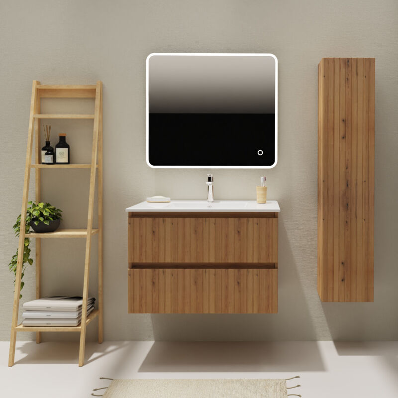 Godart - Meuble salle de bain 80 cm - Plan vasque céramique - Effet bois strié - a suspendre - Karaib 2