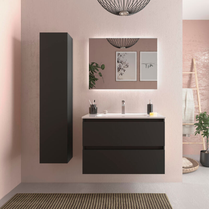 Salgar - Meuble salle de bain - 80 cm - Avec plan vasque - Noir mat - a suspendre - karaib