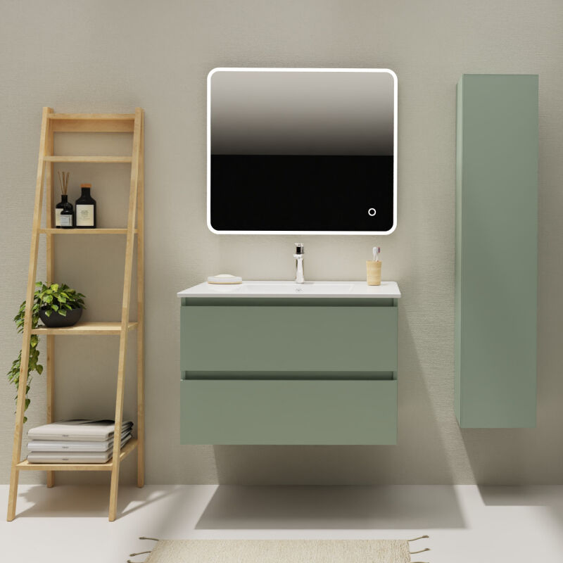 Meuble salle de bain 80 cm - Plan vasque céramique - Vert mat - a suspendre - Karaib 2