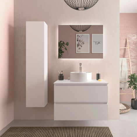 Meuble salle de bain - 80 cm - Avec vasque à poser - Blanc mat - A suspendre - KARAIB