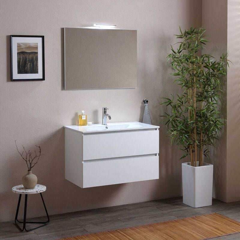 Kiamami Valentina - Meuble Salle De Bain 80 Cm Avec Évier Ceramique Et Led Light