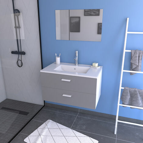 Meuble salle de bain 60 cm monte suspendu blanc H46xL60xP45cm - avec tiroirs - vasque et miroir