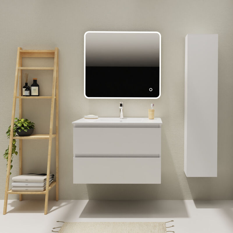 Godart - Meuble salle de bain 80 cm - Plan vasque céramique - Blanc mat - a suspendre - Karaib 2