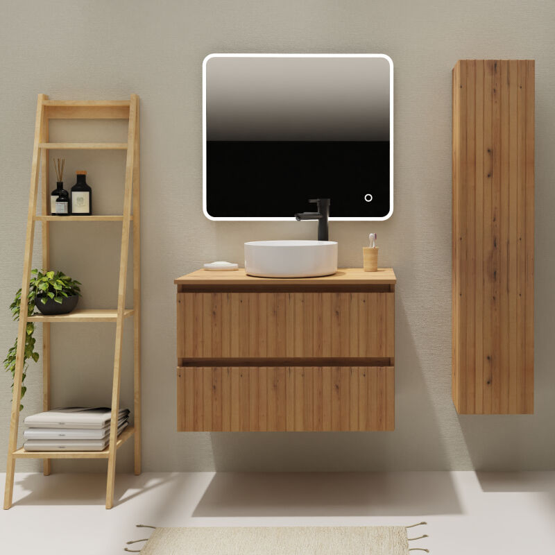 Godart - Meuble salle de bain 80 cm pour vasque à poser - Effet bois strié - a suspendre - Karaib 2