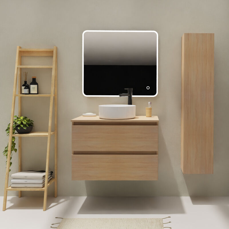 Godart - Meuble salle de bain 80 cm pour vasque à poser - Effet chêne sonoma - a suspendre - Karaib 2