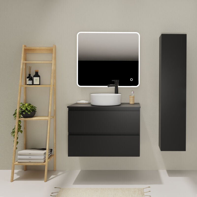 Godart - Meuble salle de bain 80 cm pour vasque à poser - Noir mat - a suspendre - Karaib 2