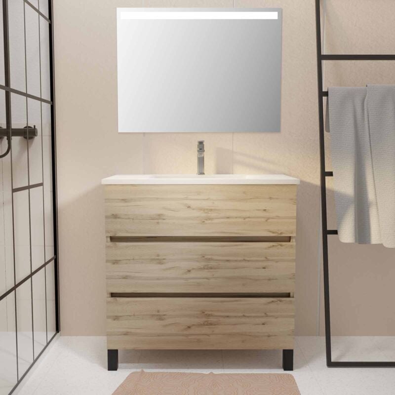 Pack Meuble SDB 80cm sur pieds 3 tiroirs CheneVasque blanche + Miroir Led - TIMBER 80Pack46