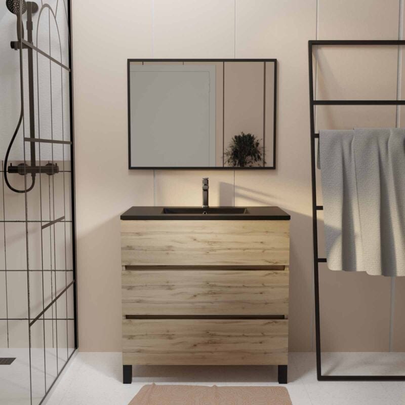 Meuble salle de bains 80cm décor chene naturel 3 tiroirs - Vasque noire et Miroir - timber