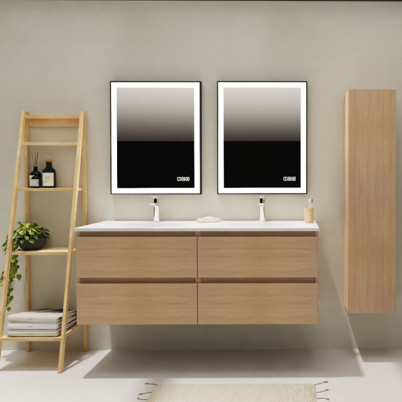 Godart - Meuble salle de bain 140 cm - Double vasque Solid surface - Effet chêne sonoma - a suspendre - Karaib 2