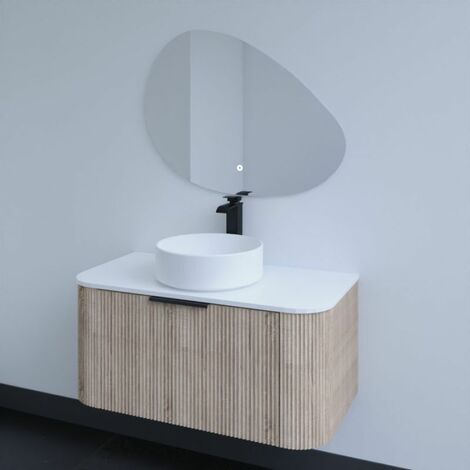 Meuble salle de bain 90 cm VERTIGO avec vasque à poser et miroir Drop - Chêne clair