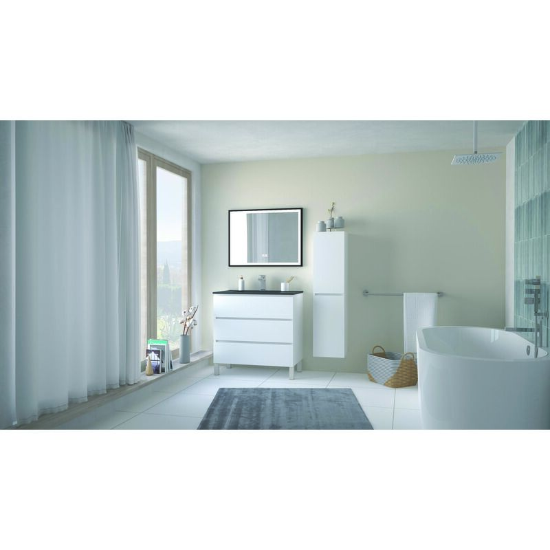 Ondee - Meuble salle de bain à poser trendy - 80 cm - 3 tiroirs - Blanc mat - Plan noir