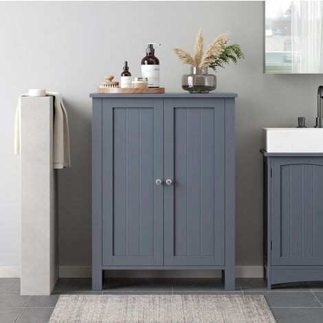 Meuble de salle de bain Meuble de rangement 2 portes battantes 3 cassier Séparateurs amovibles Dimensions du produit: 60 x 30 x 80cm Gris/Blanc