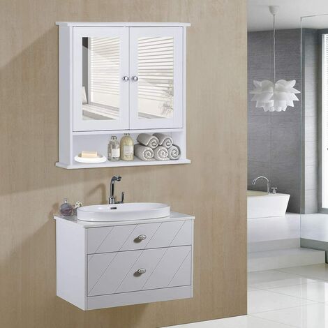 Armoire Salle De Bain Avec Miroir LED Et Désembuage - 3 Portes, 5 étagères, Dimensions 90x13x70 Cm, Blanc, éclairage à Intensité Variable