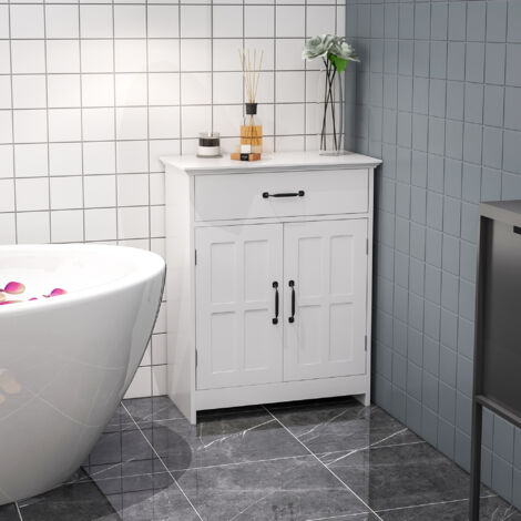 Meuble salle de bain. armoire salle de bain sur pied avec double porte. tiroir et étagère réglable. 60x30x75cm. blanc