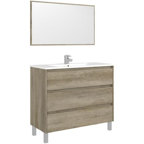 Meuble salle de bain avec 3 Tiroirs et piètement + Miroir coloris Nordik - Hauteur 86 x Longueur 100 x Profondeur 45 cm -PEGANE-