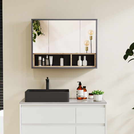 Meuble salle de bain avec miroir. armoire toilettes murale avec placards à 3 portes et 8 compartiments. gris