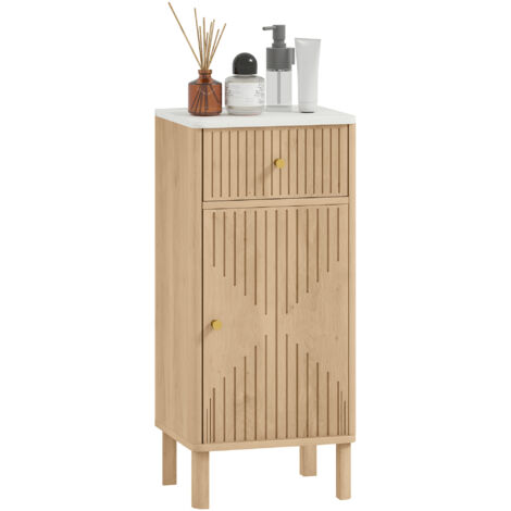 Meuble salle de bain avec plateau marbre et porte rainurée, tiroir de rangement 36x30x80 cm, chêne