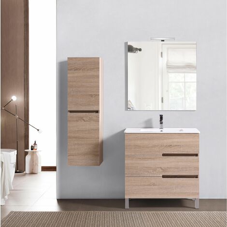 Meuble salle de bain avec vasque/lavabo Jupiter 80, miroir simple Spot Led, 3 tiroirs- finition effet chene naturel, 4 pieds en acier