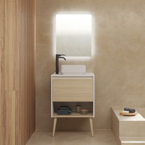 Meuble salle de bain avec vasque posée NARA TOP  chêne clair  blanc 60 cm  Miroir inclus