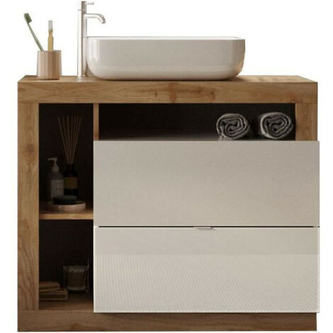 Meuble double vasque salle de bain L79cm – Chêne clair et laqué blanc – 2 tiroirs et 3 niches de rangement – Vasque céramique L50cm