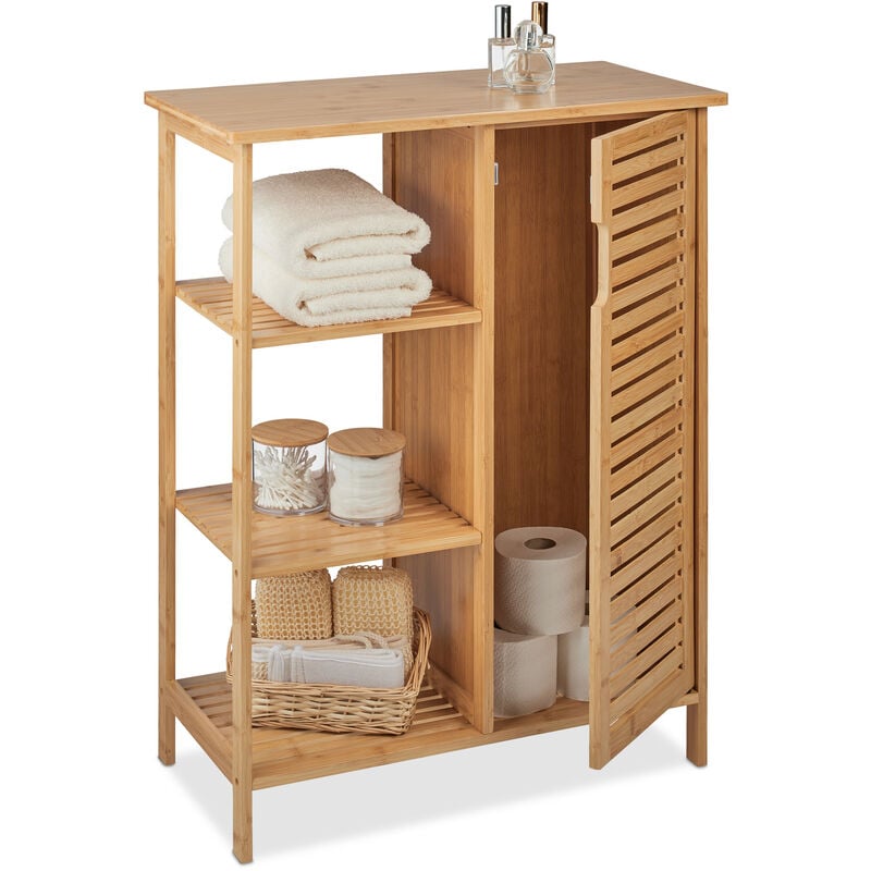 Meuble salle de bain bambou, 3 étagères & compartiment, HxLxP: 87,5 x 67 x 33 cm, rangement avec porte, nature - Relaxdays