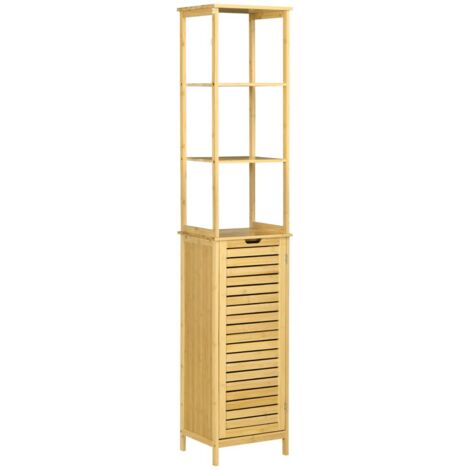 Meuble salle de bain bambou 34x30x173 cm, 3 compartiments + placard, anti-basculement - Idéal petits espaces, aspect naturel