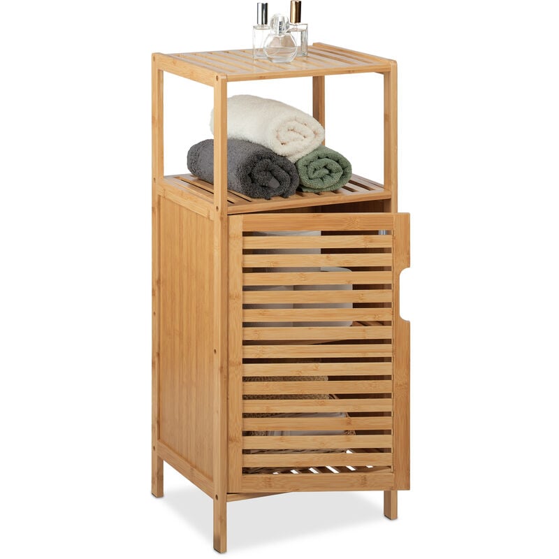 Meuble salle de bain bambou, HxLxP: 87 x 36,5 x 33 cm, rangement avec porte, 2 étagères, armoire, nature - Relaxdays