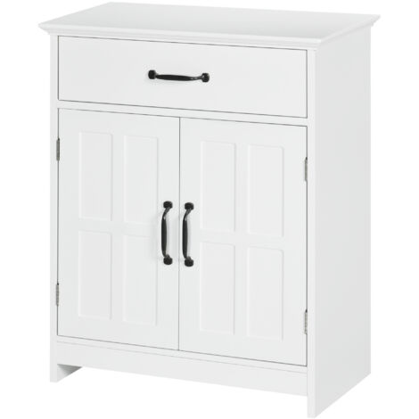 Meuble salle de bain blanc 60x30x75 cm sur pied, armoire double porte avec tiroir et étagère réglable