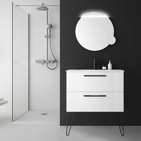 Meuble salle de bain blanc mat 80 cm simple vasque à suspendre avec poignets et pieds noir mat - So matt