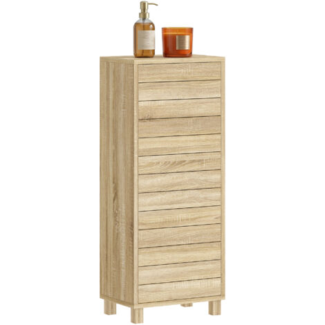 Meuble salle de bain bois naturel 34x23x84 cm, rangement étagère ajustable, porte lamelles ouverture pression, petit meuble vasque mural