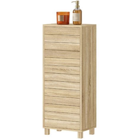 Meuble salle de bain bois naturel étagère réglable porte lamelles ouverture pression 34x23x84 cm