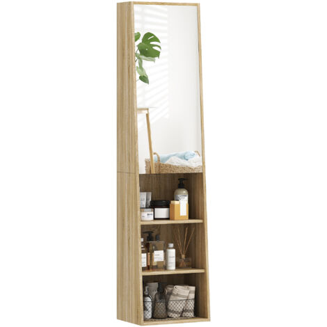 Meuble salle de bain colonne trapézoïdal avec porte miroir, étagère à 6 niveaux, 40 x 30 x 165 cm