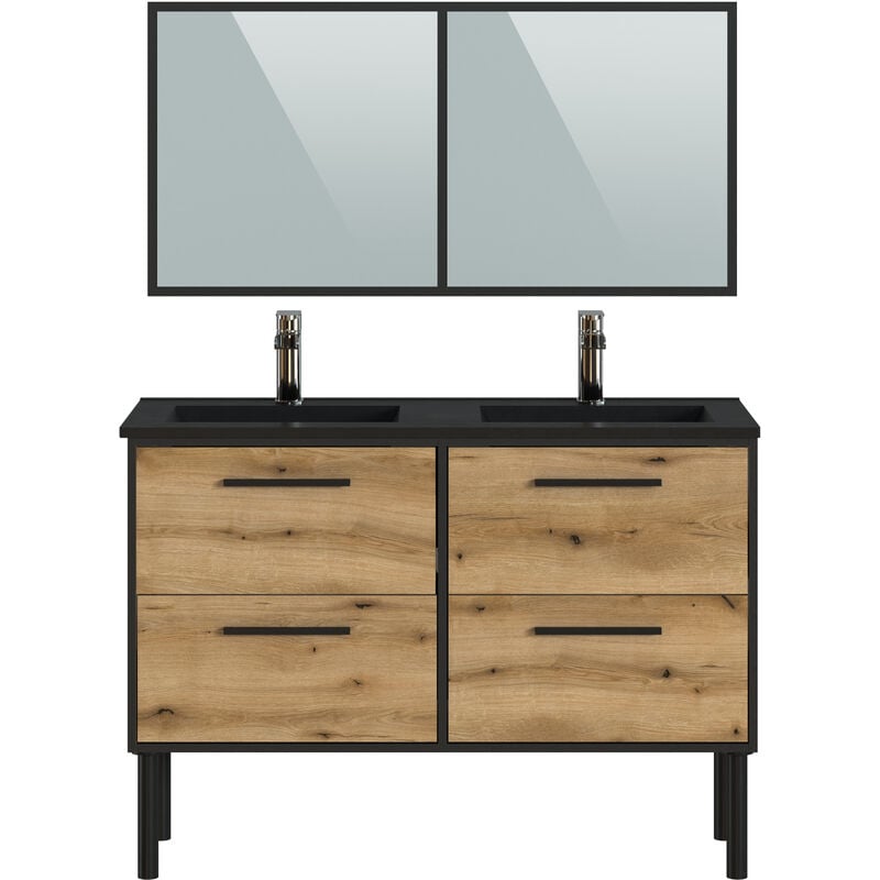 Pegane - Meuble Salle de Bain coloris chêne et noir - Longueur 122 x Profondeur 64 x Hauteur 87,5 cm