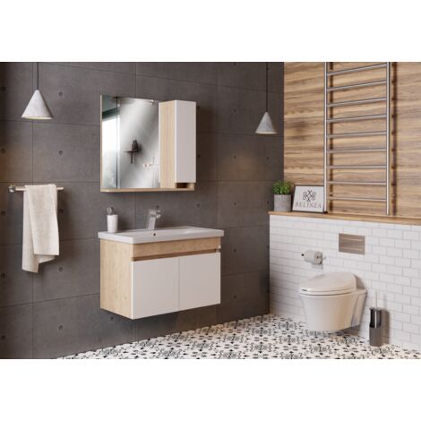 Meuble salle de bain design moderne complet SAVVA avec miroir largeur 65 cm chêne clair et blanc  - LPP