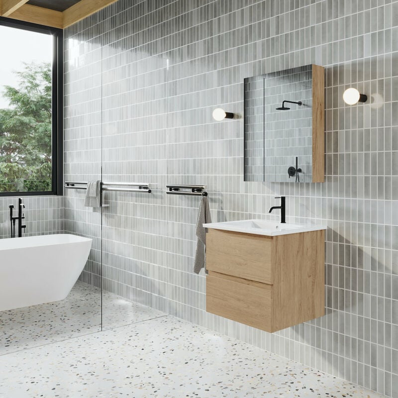 Stano. - Meuble salle de bain design simple vasque messina largeur 60 cm chêne clair