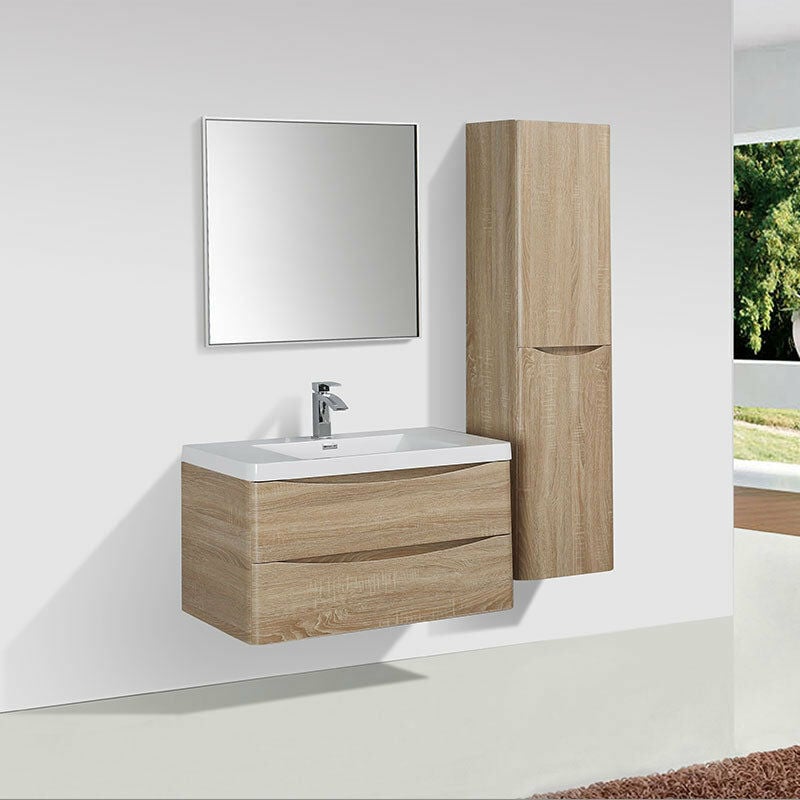 Meuble salle de bain design simple vasque piacenza largeur 90 cm chêne clair