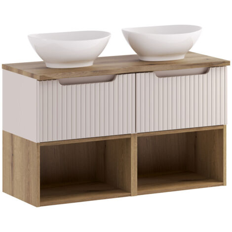 Meuble salle de bain double vasque suspendu NOVA cachemire 100 cm avec plan vasque effet chêne et 2 tiroirs