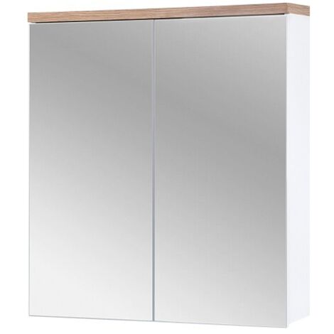 Meuble salle de bain ERMANO – Chêne clair et blanc brillant – 60x70 cm – 2 portes miroir – À suspendre