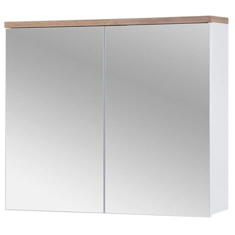 Meuble salle de bain ERMANO – Chêne clair et blanc brillant – 80x70 cm – 2 portes miroir – À suspendre