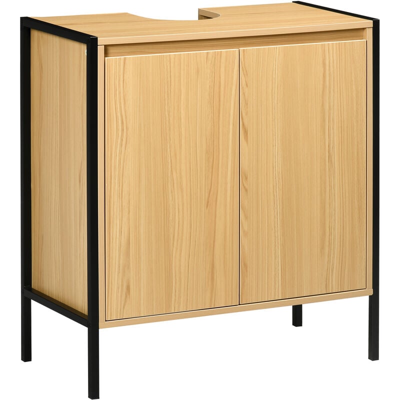 Kleankin - Meuble salle de bain - meuble sous-vasque - 2 portes, étagère réglable - dim. 60L x 30l x 65H cm - châssis acier noir panneaux aspect bois