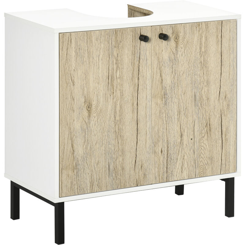 Meuble salle de bain - meuble sous-vasque - 2 portes, étagère réglable - piètement acier noir panneaux aspect chêne clair blanc