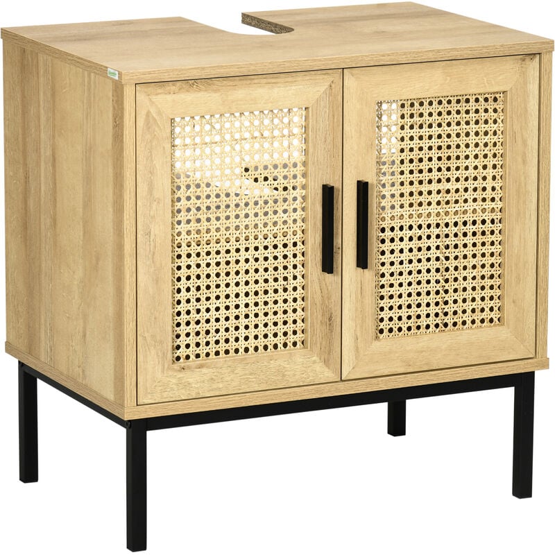 Kleankin - Meuble salle de bain - meuble sous-vasque - 2 portes, étagère réglable - piètement acier noir rotin panneaux aspect chêne clair
